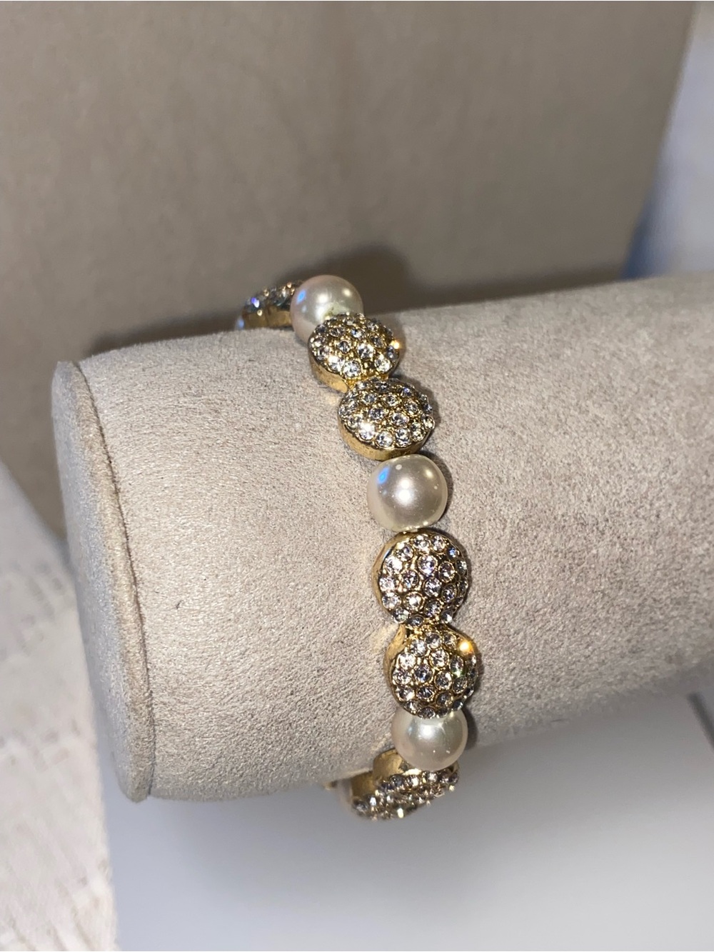 Gold Pearl and Pave Crystal Stretch Bracelet - White Pearls